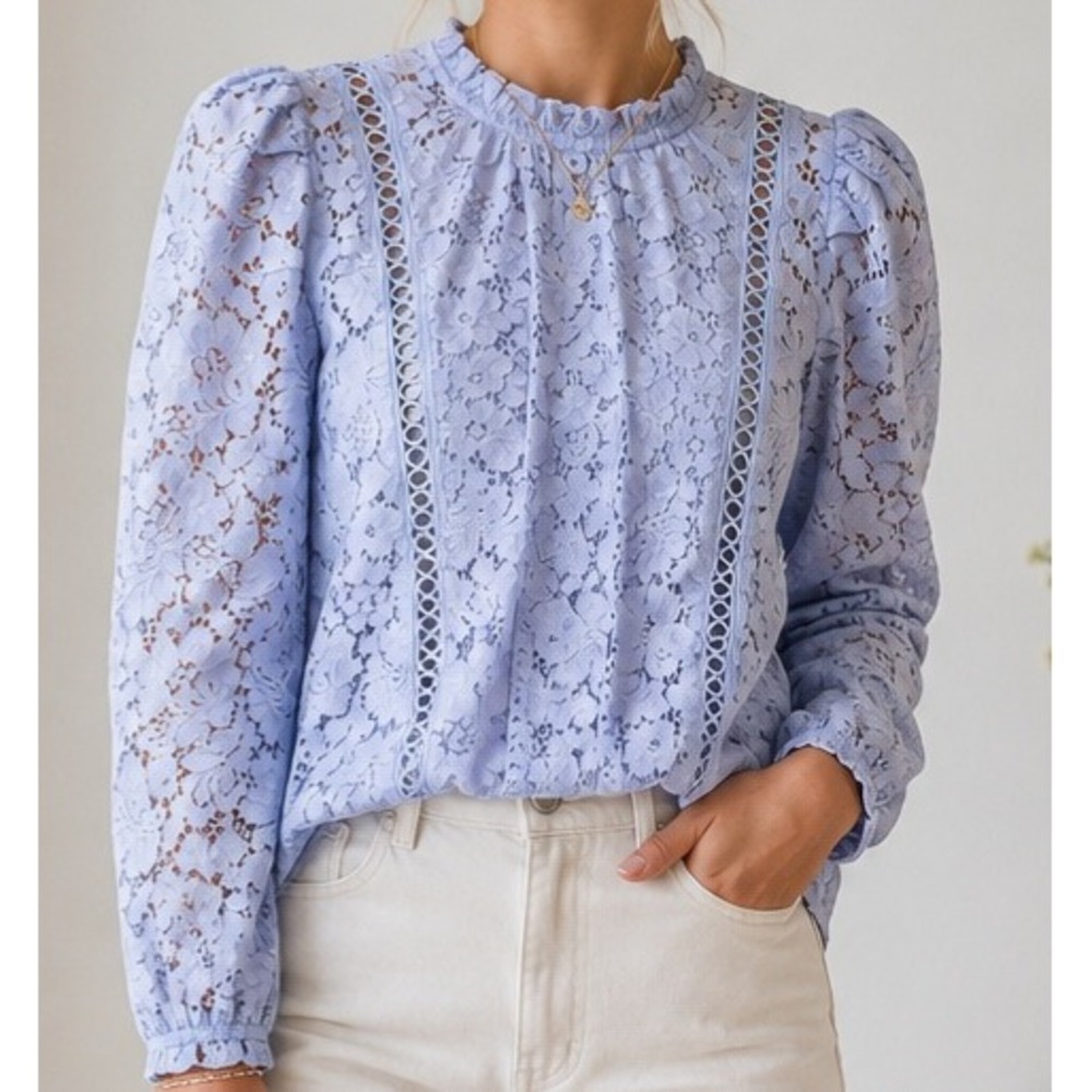 Express Womens Blue Lace Floral Puff Sleeve Ruffle Neck Blouse Size S Romantic